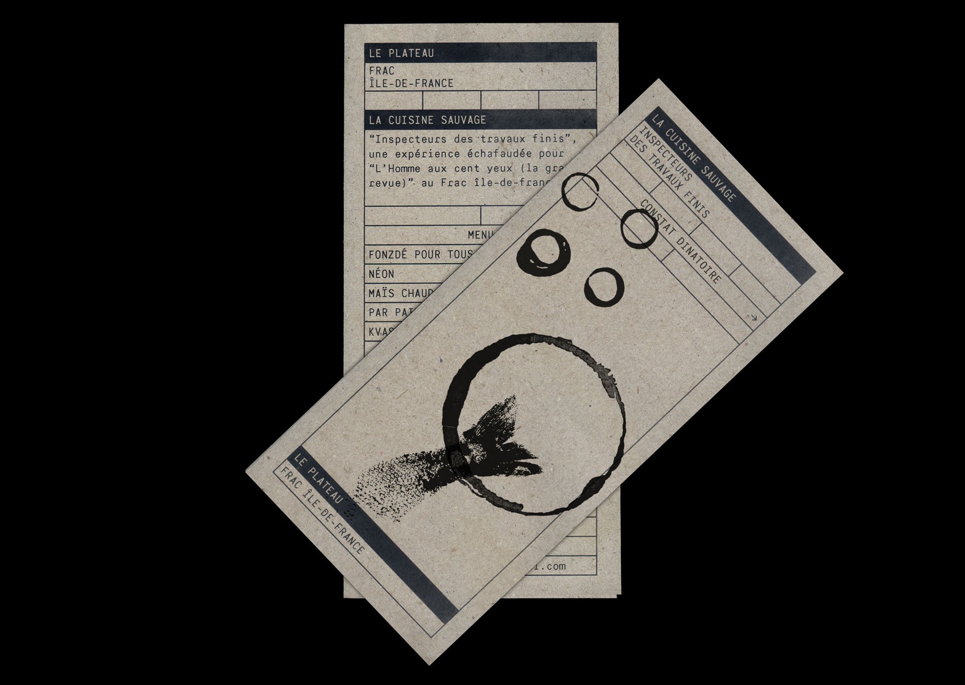 *Inspecteurs des travaux finis*, menu, 9,8 × 21 cm, La Cuisine Sauvage, Le Plateau – FRAC Île-de-France, Paris, 2018