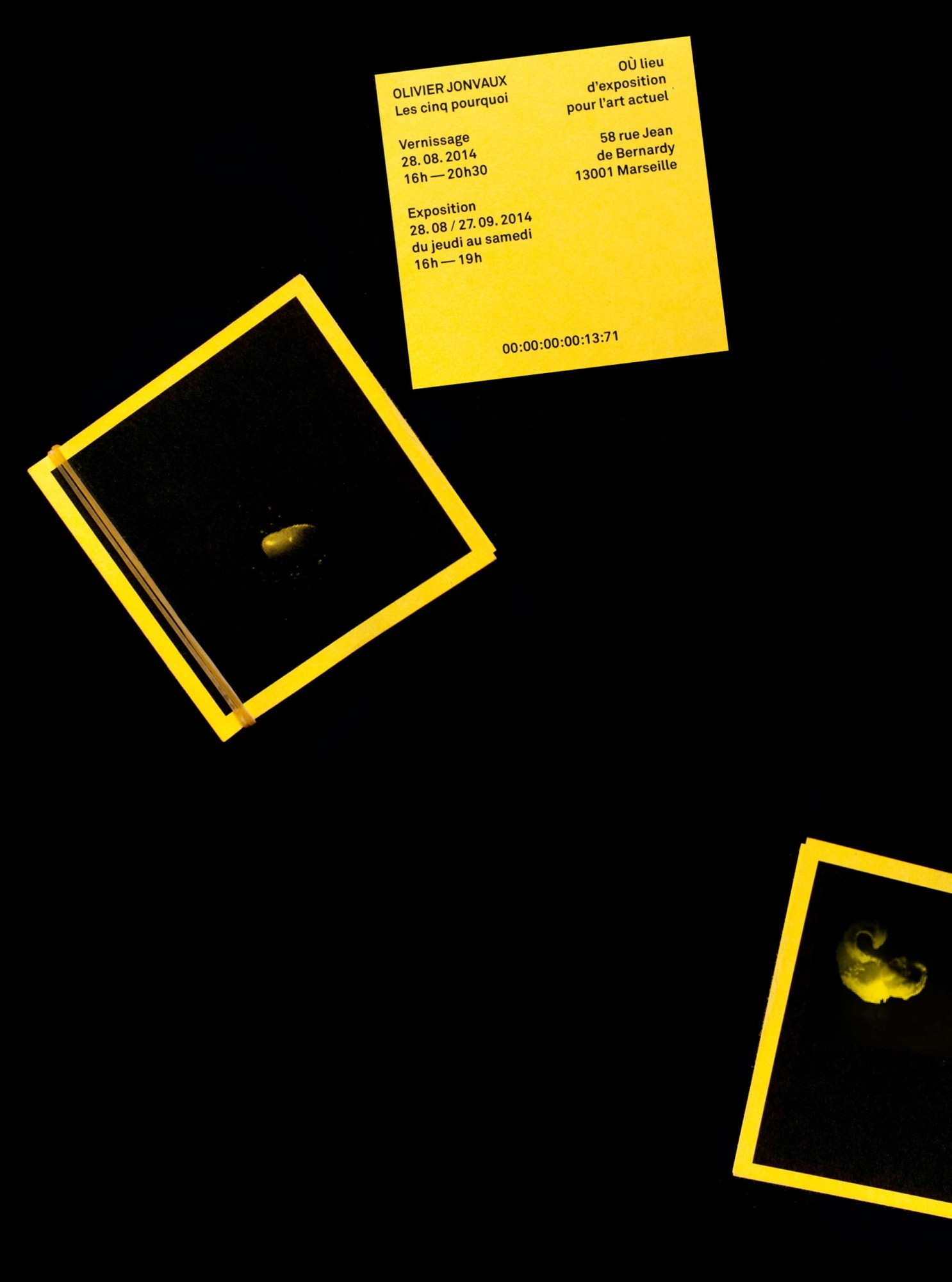 *Les cinq pourquoi*, exhibition flipbook, Olivier Jonvaux, 96 p., Où - lieu pour l'art actuel, Marseille, 2014